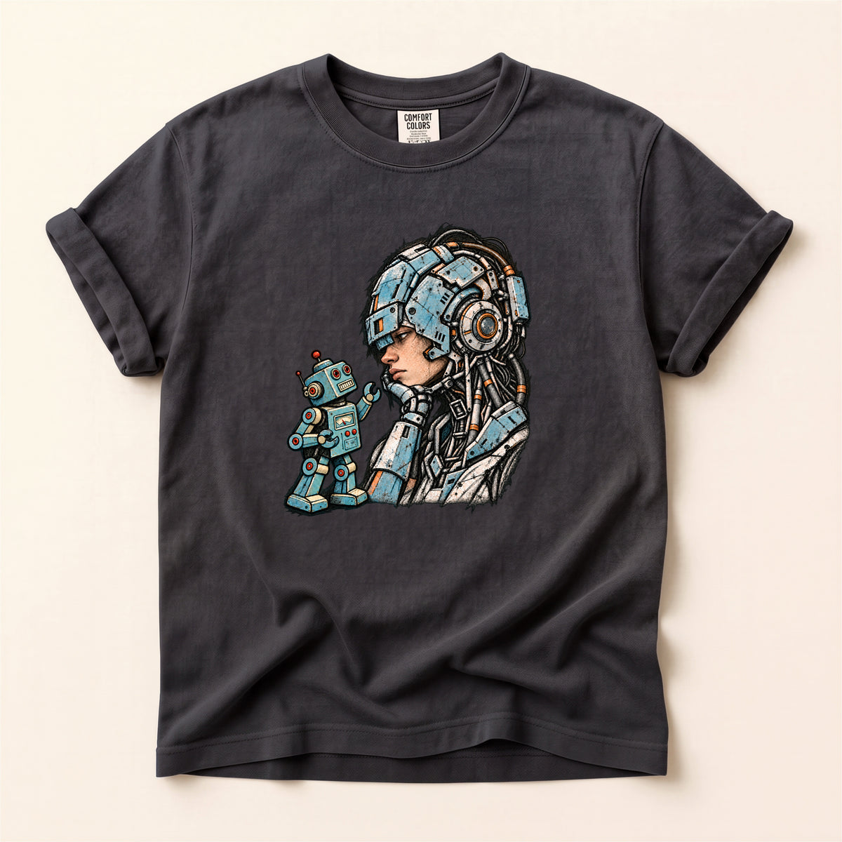 Retro Sci‑Fi Pilot T-Shirt — Woman with Robot Graphic