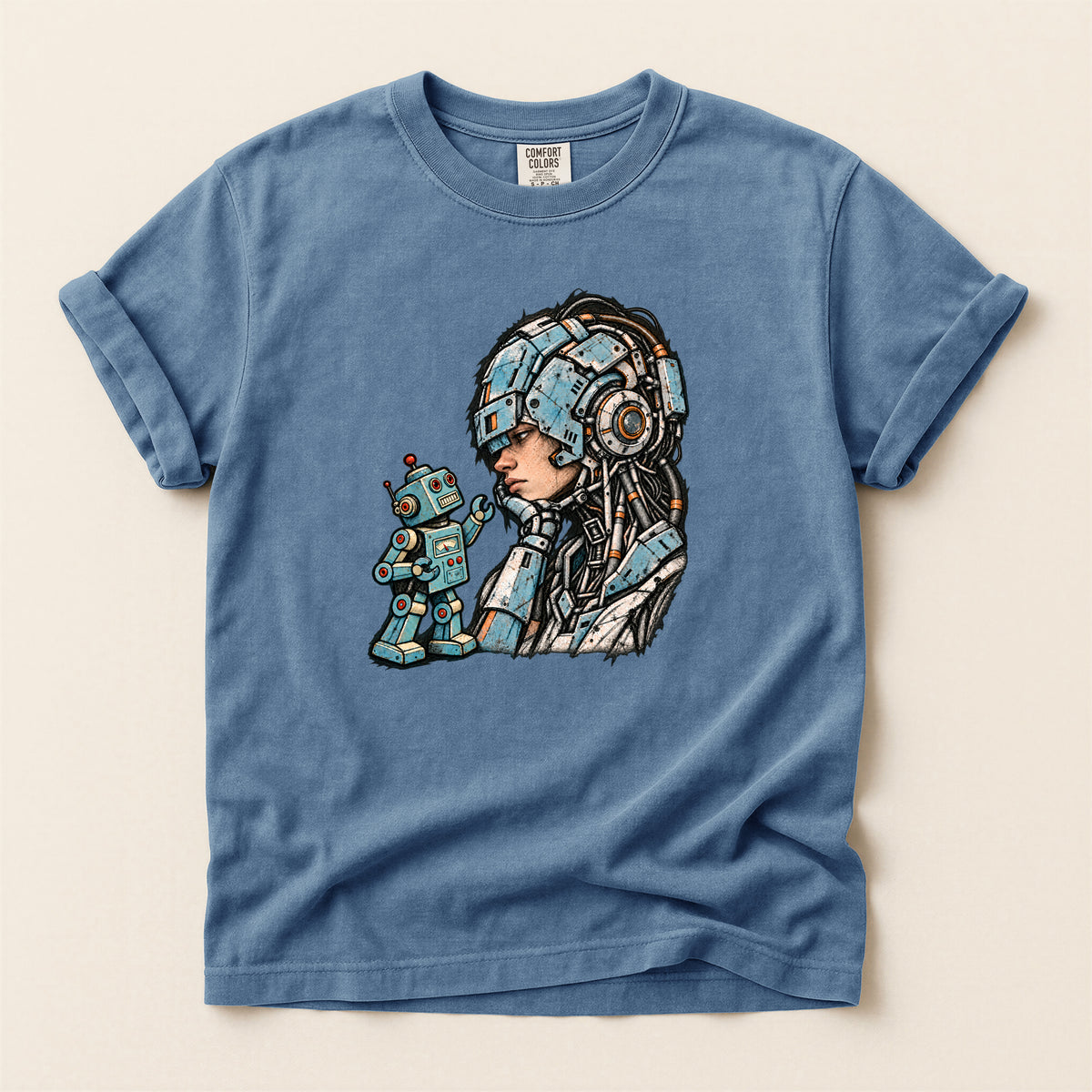 Retro Sci‑Fi Pilot T-Shirt — Woman with Robot Graphic