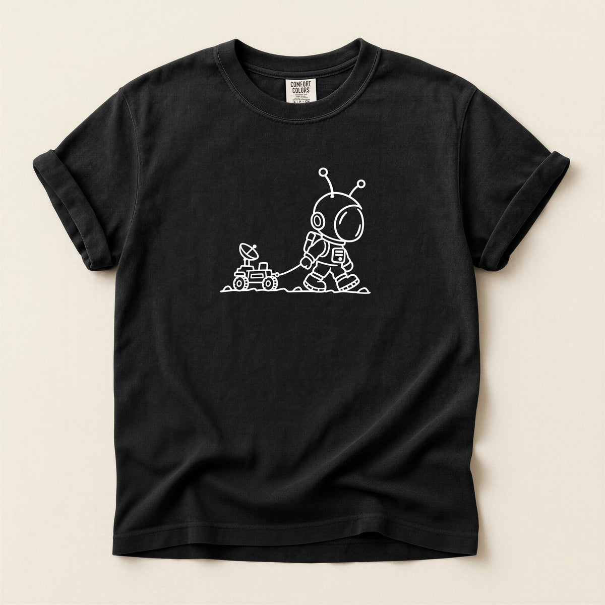 Alien & Rover Outline T-Shirt — Cute Space Robot Graphic Tee