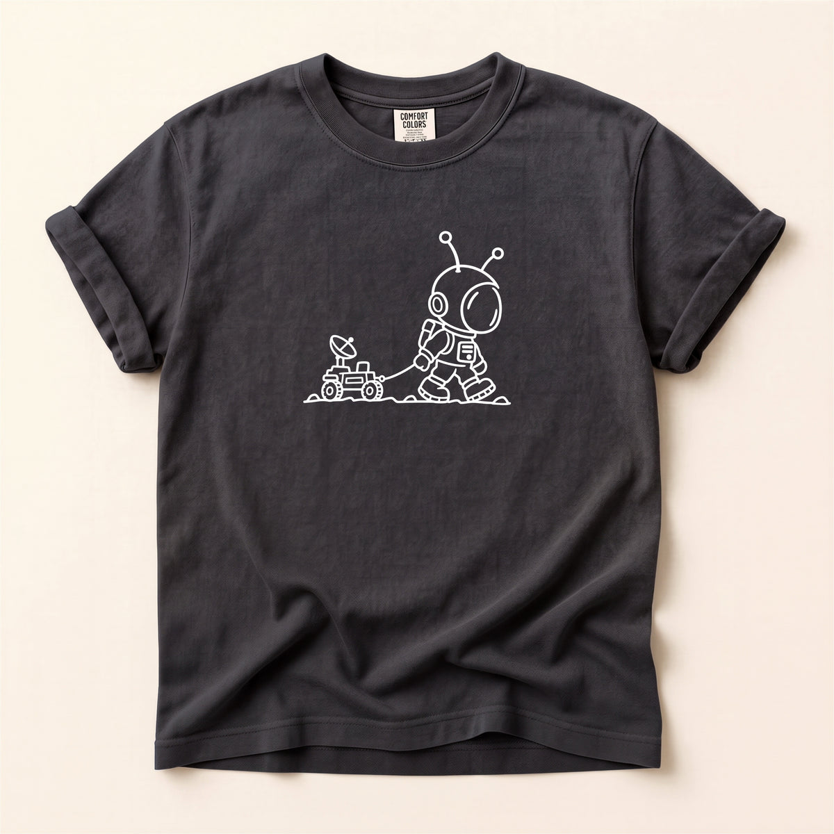 Alien & Rover Outline T-Shirt — Cute Space Robot Graphic Tee
