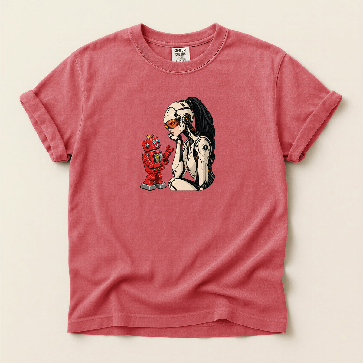 Graphic Tee — Retro Pinup Girl with Red Toy Robot Illustration