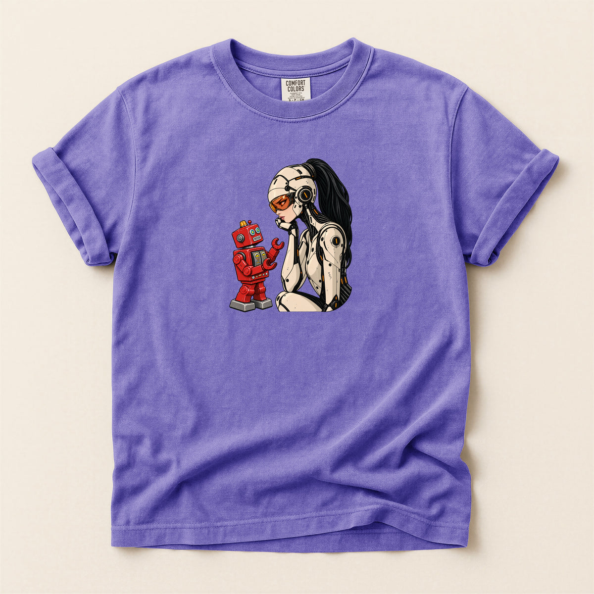 Graphic Tee — Retro Pinup Girl with Red Toy Robot Illustration