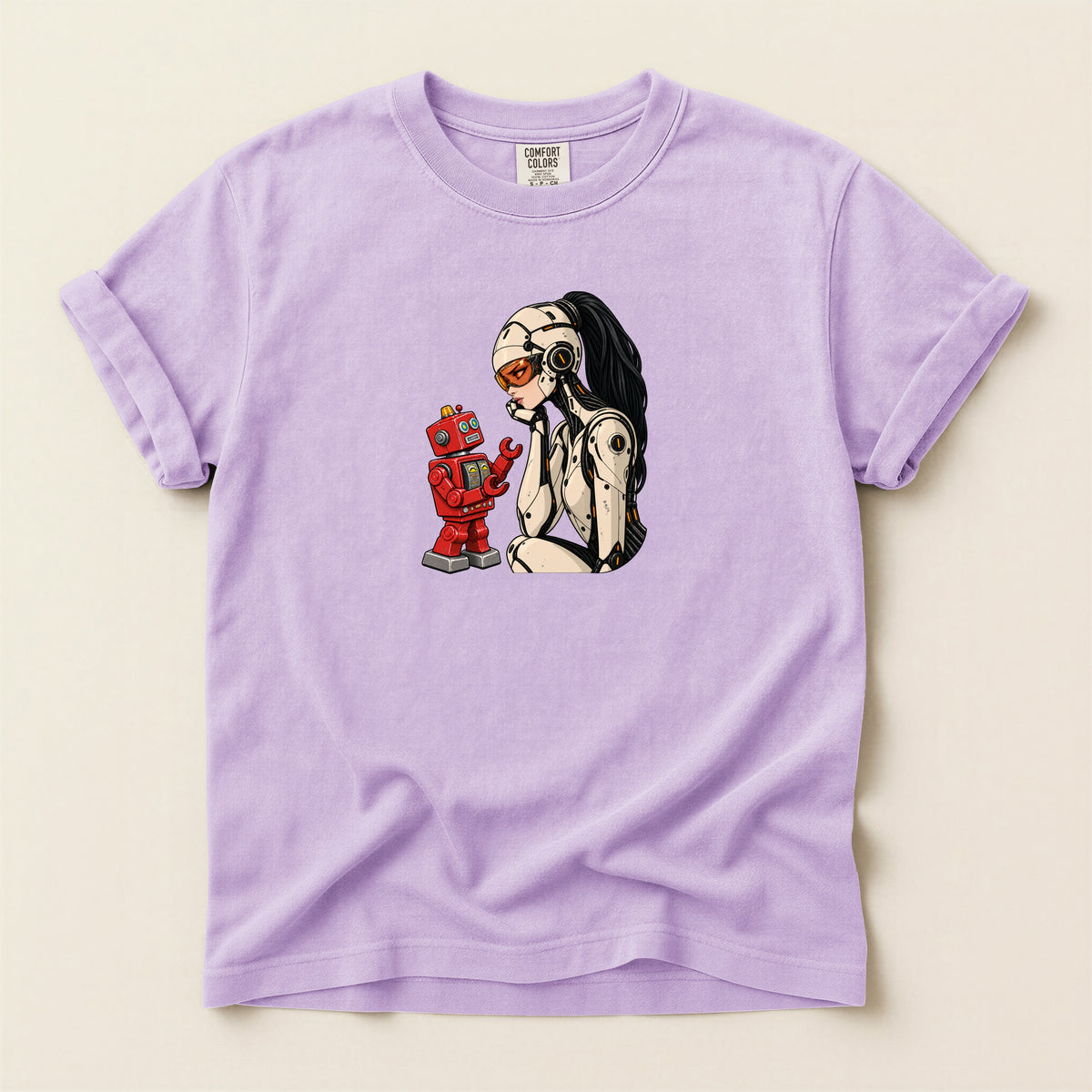 Graphic Tee — Retro Pinup Girl with Red Toy Robot Illustration