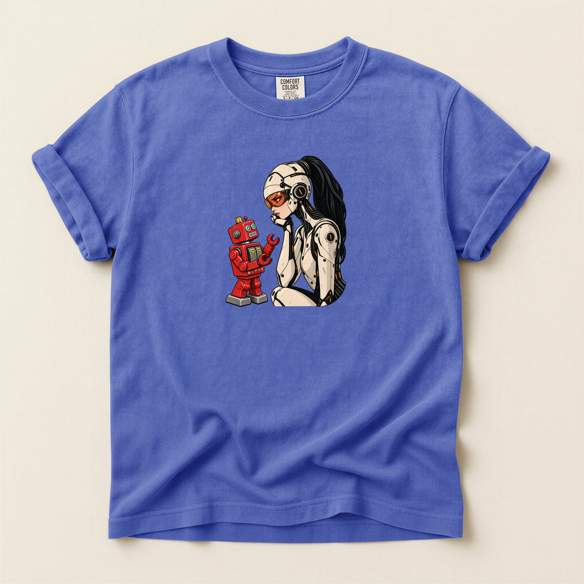 Graphic Tee — Retro Pinup Girl with Red Toy Robot Illustration