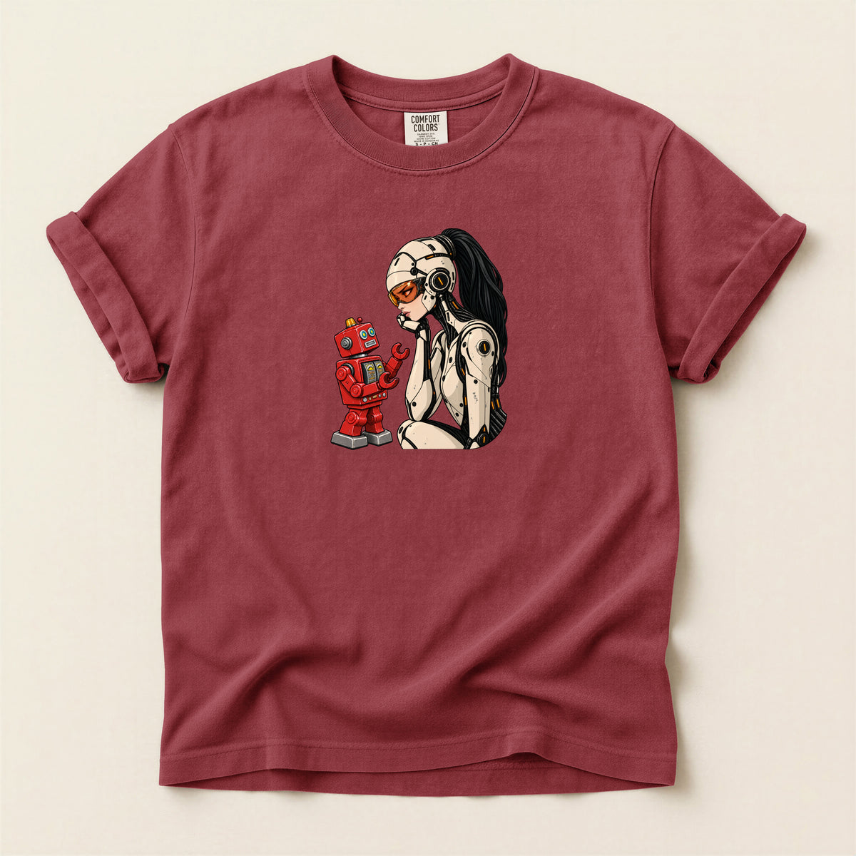 Graphic Tee — Retro Pinup Girl with Red Toy Robot Illustration