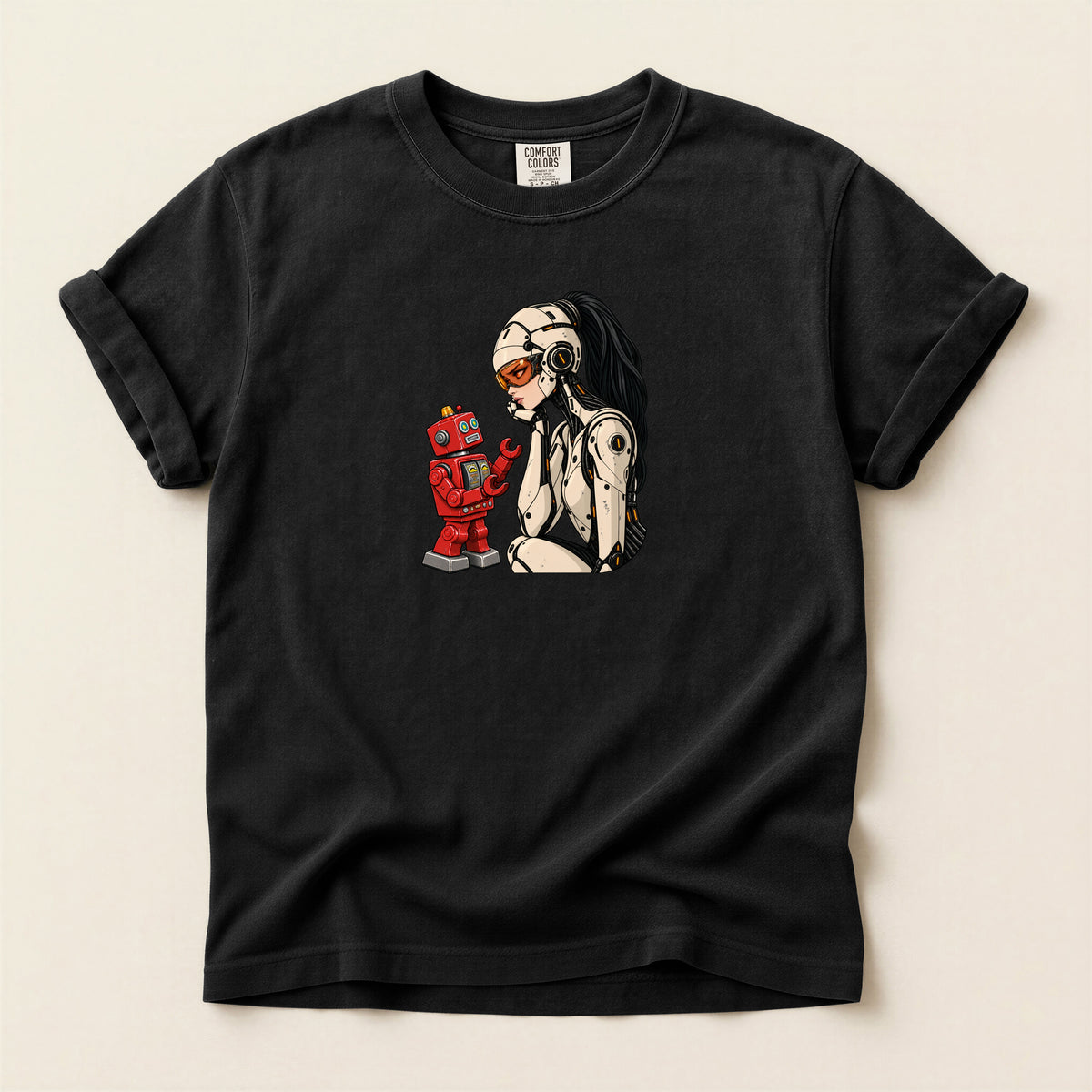 Graphic Tee — Retro Pinup Girl with Red Toy Robot Illustration