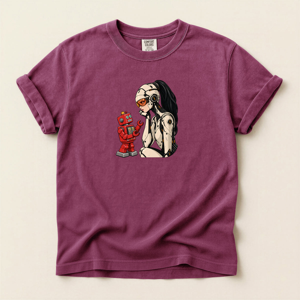 Graphic Tee — Retro Pinup Girl with Red Toy Robot Illustration