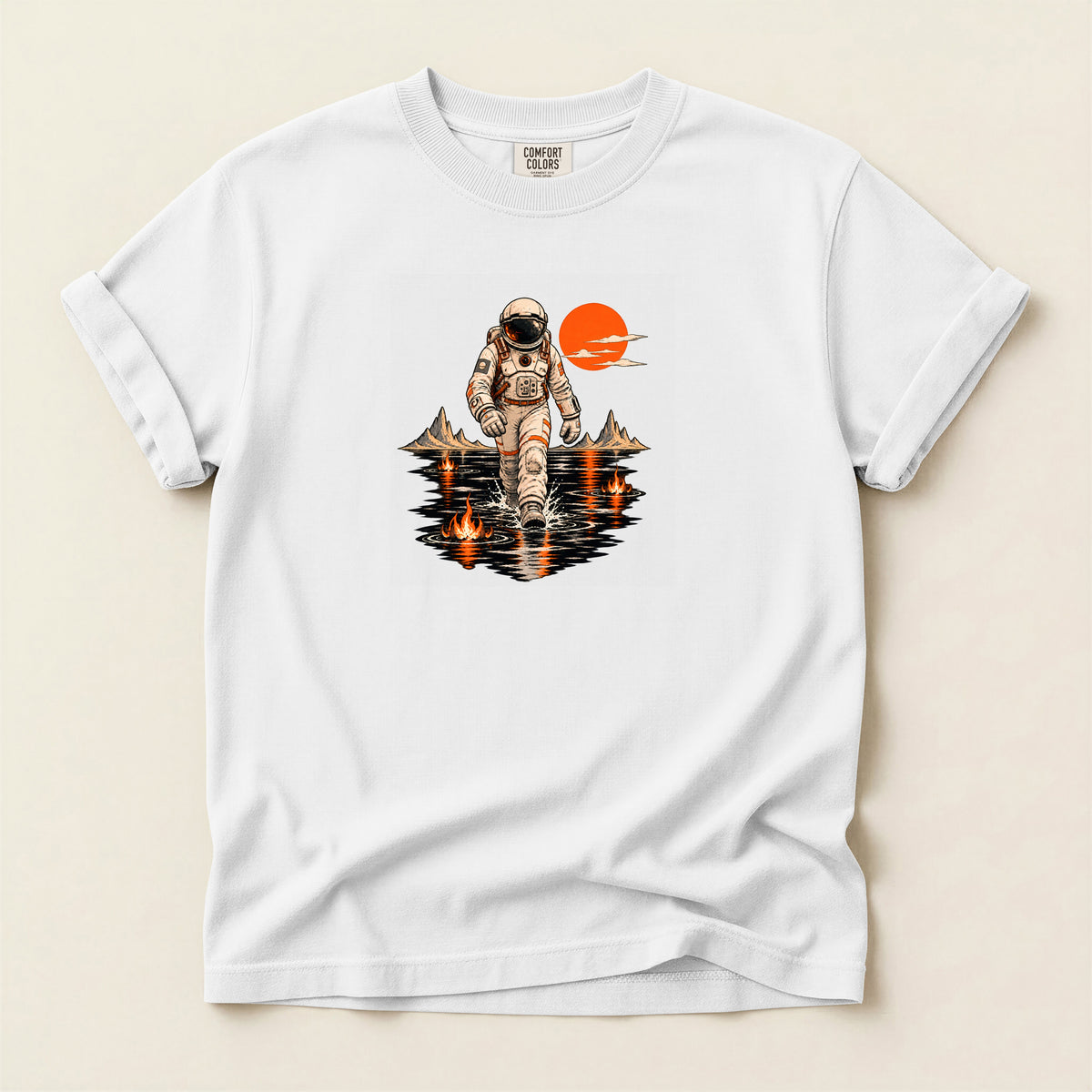 Astronaut Lake Scene T-Shirt — Retro Space Explorer Graphic Tee