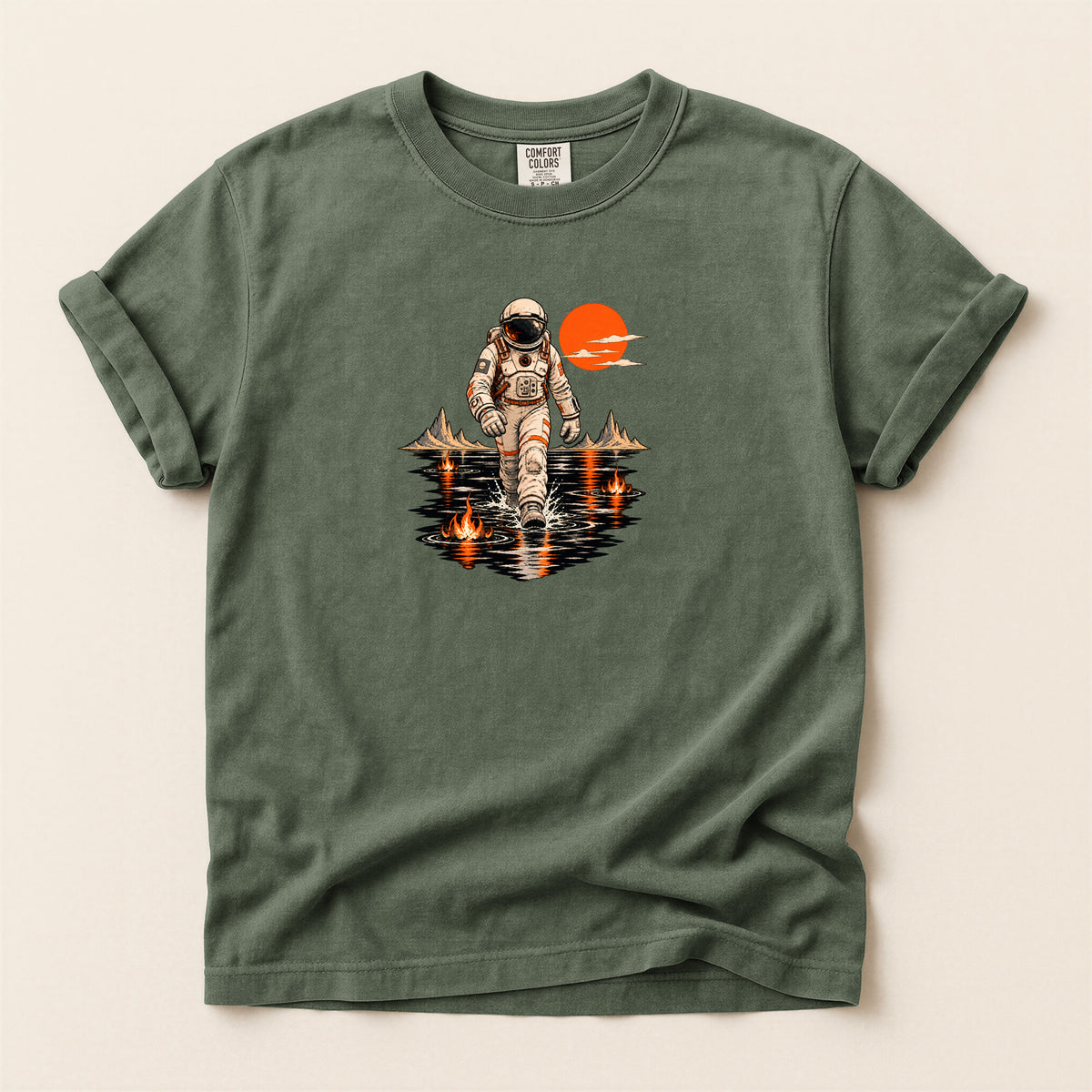 Astronaut Lake Scene T-Shirt — Retro Space Explorer Graphic Tee