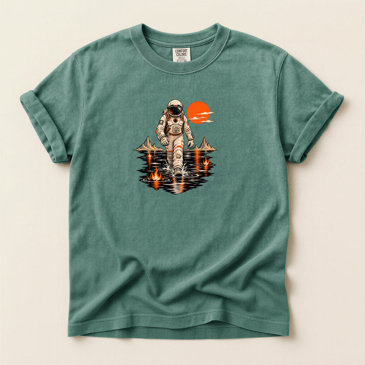Astronaut Lake Scene T-Shirt — Retro Space Explorer Graphic Tee