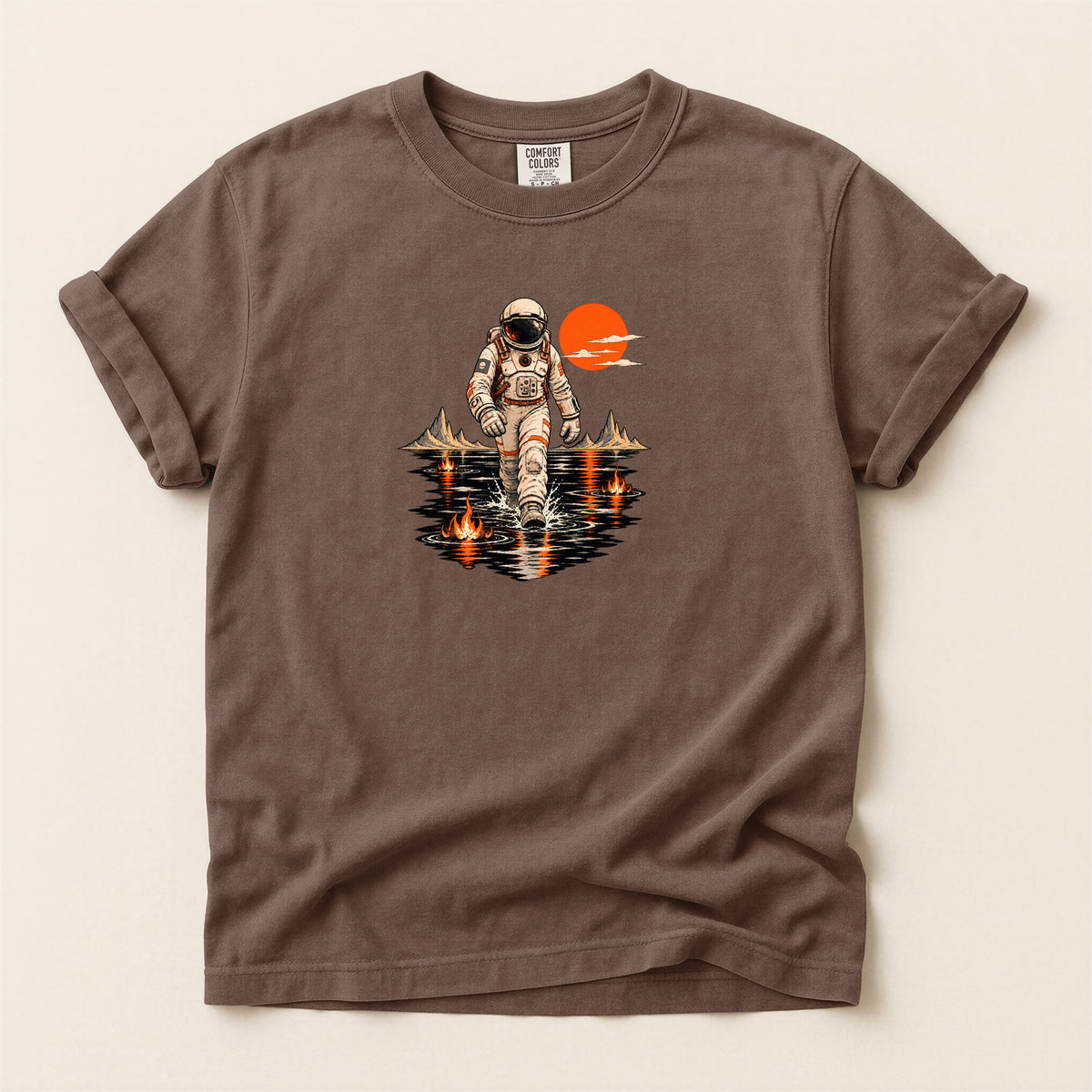 Astronaut Lake Scene T-Shirt — Retro Space Explorer Graphic Tee