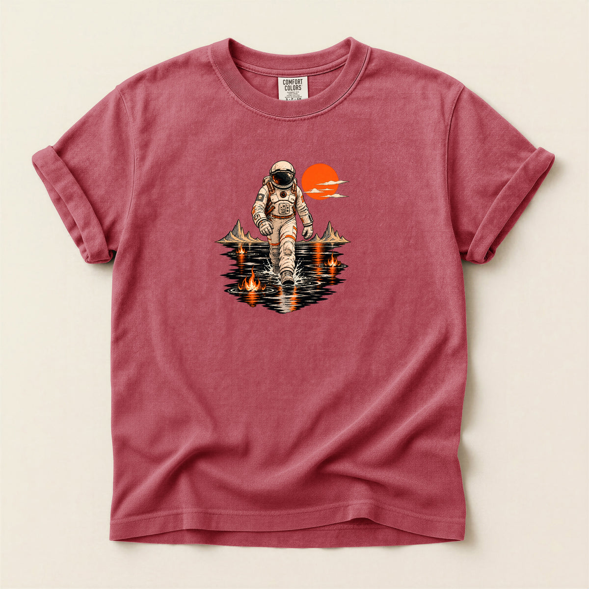 Astronaut Lake Scene T-Shirt — Retro Space Explorer Graphic Tee