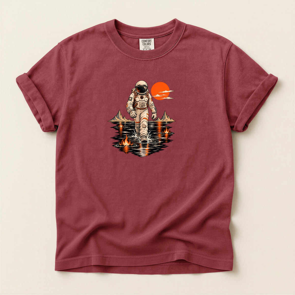 Astronaut Lake Scene T-Shirt — Retro Space Explorer Graphic Tee