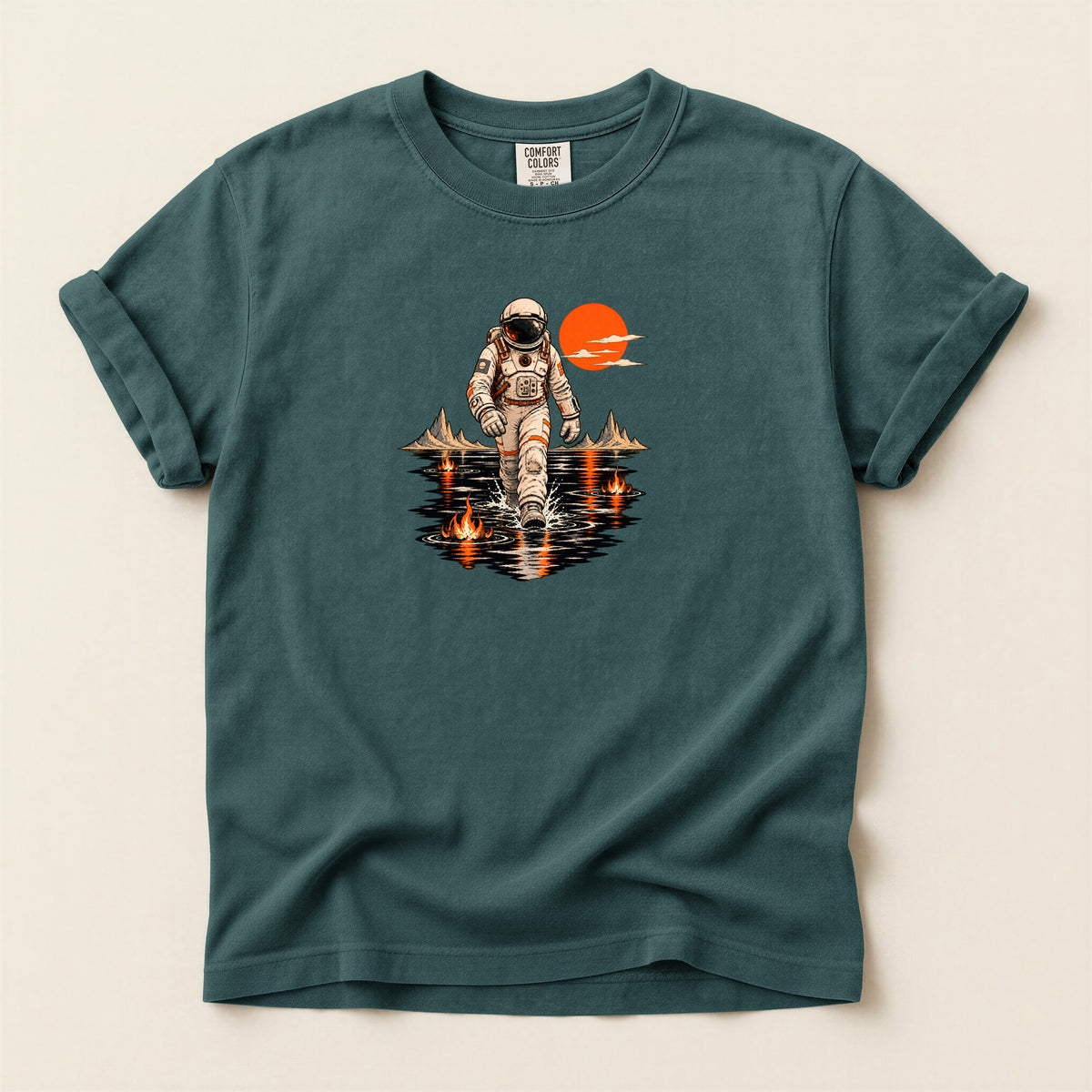 Astronaut Lake Scene T-Shirt — Retro Space Explorer Graphic Tee