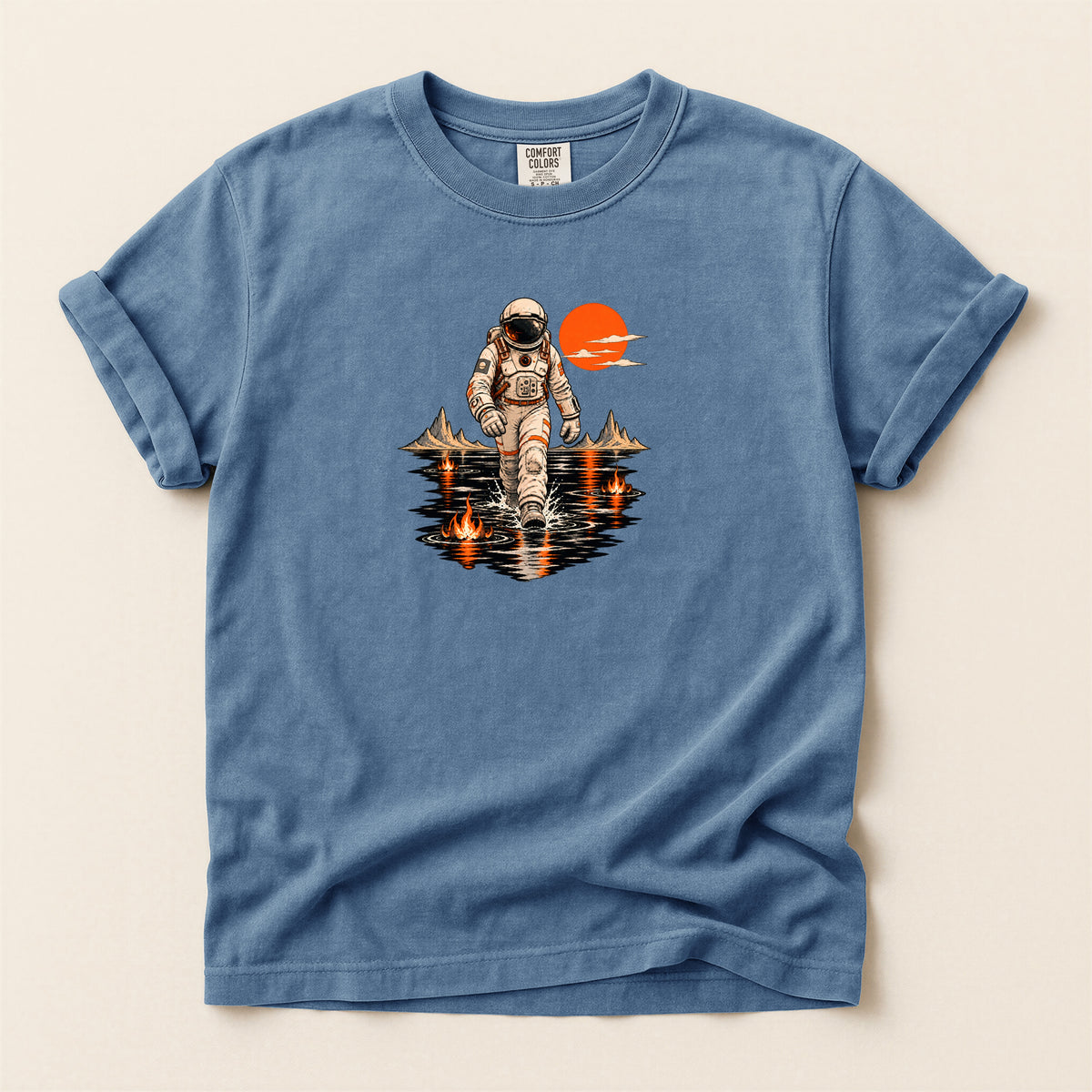 Astronaut Lake Scene T-Shirt — Retro Space Explorer Graphic Tee