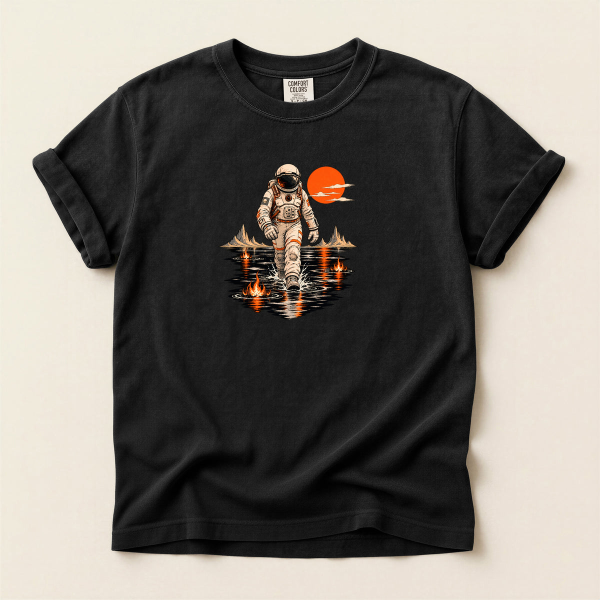 Astronaut Lake Scene T-Shirt — Retro Space Explorer Graphic Tee
