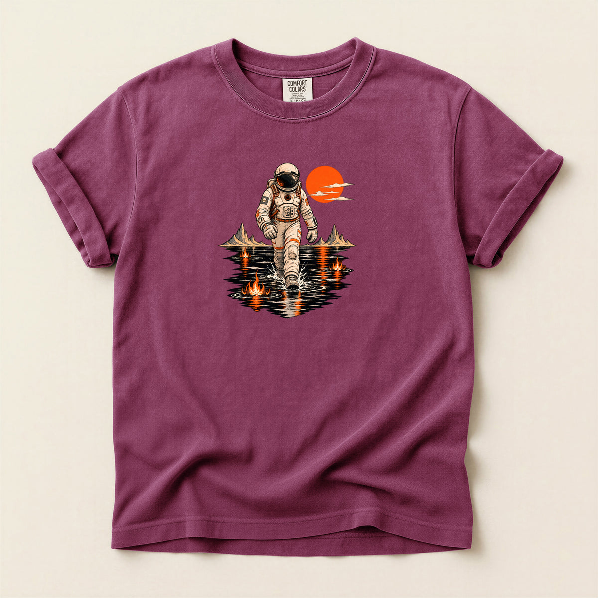 Astronaut Lake Scene T-Shirt — Retro Space Explorer Graphic Tee