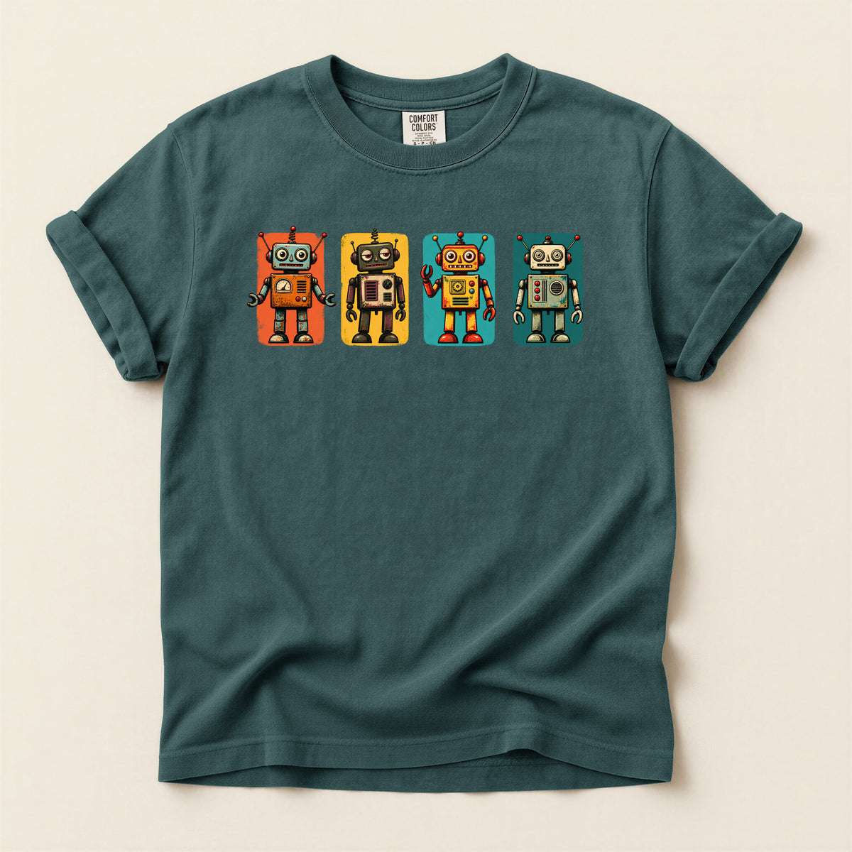Retro Robot Row T-Shirt — Vintage Tin Toy Robots Graphic Tee