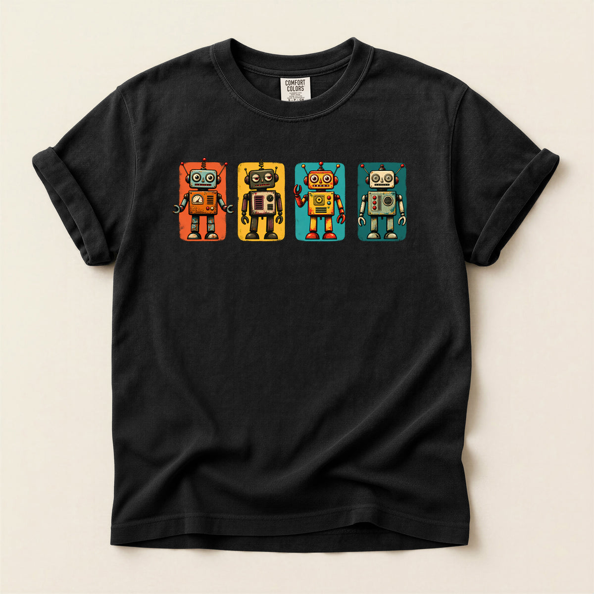 Retro Robot Row T-Shirt — Vintage Tin Toy Robots Graphic Tee
