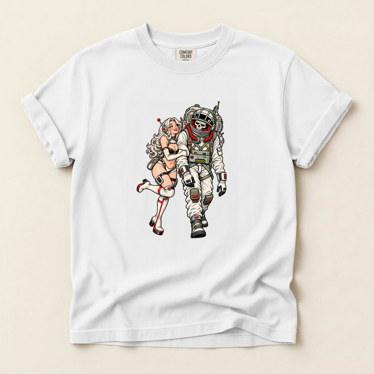 Astronaut & Pin-Up Graphic T-Shirt — Retro Space Couple Tee