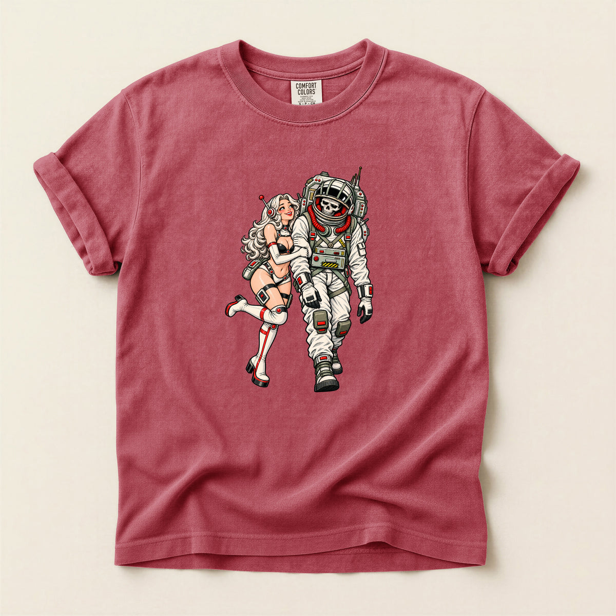 Astronaut & Pin-Up Graphic T-Shirt — Retro Space Couple Tee