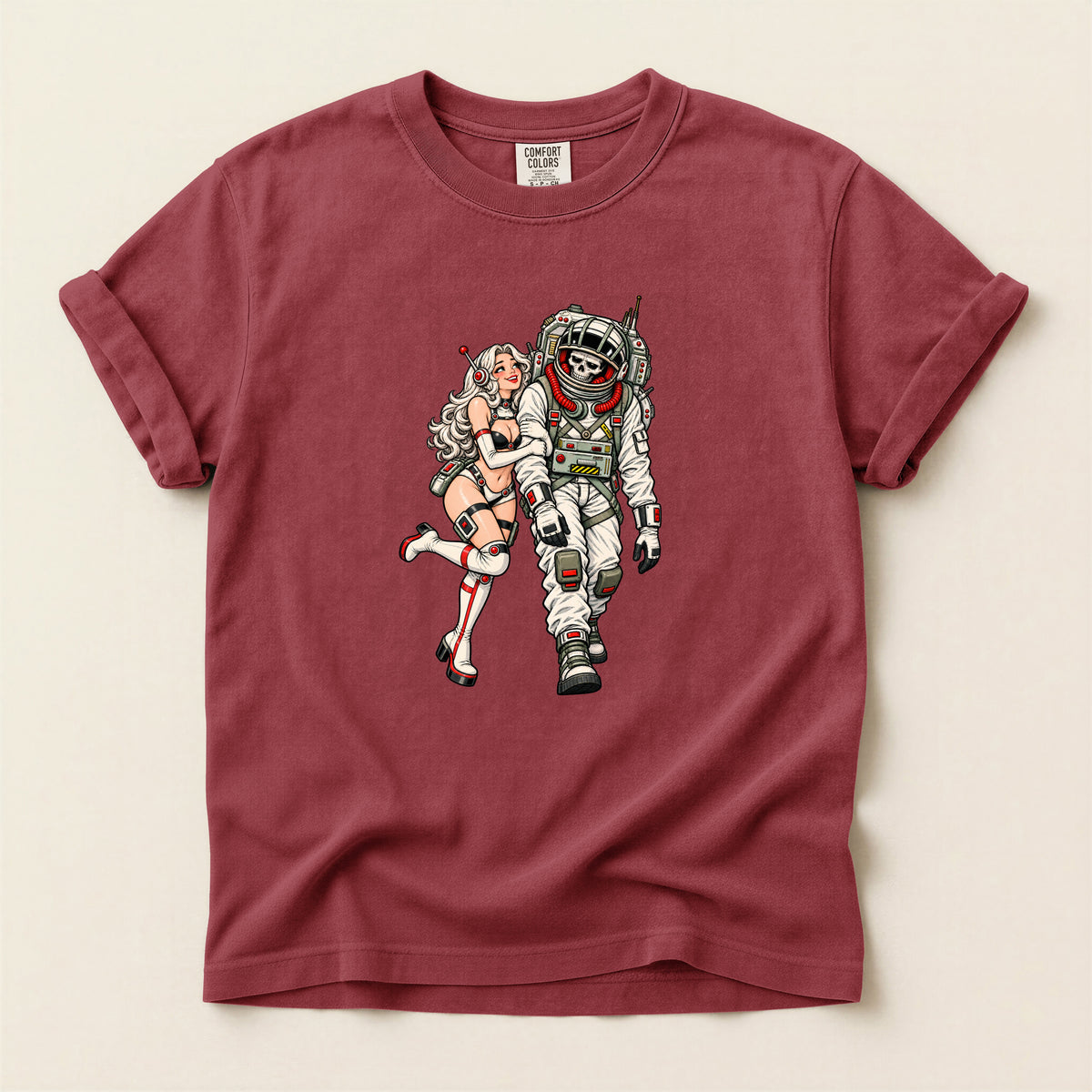 Astronaut & Pin-Up Graphic T-Shirt — Retro Space Couple Tee