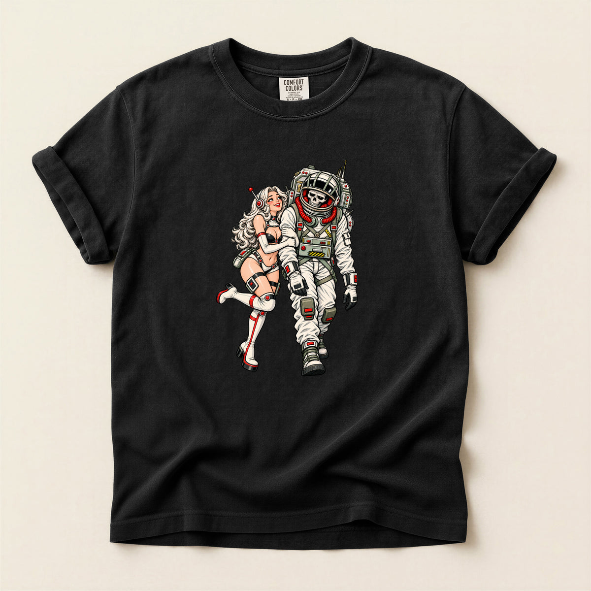 Astronaut & Pin-Up Graphic T-Shirt — Retro Space Couple Tee