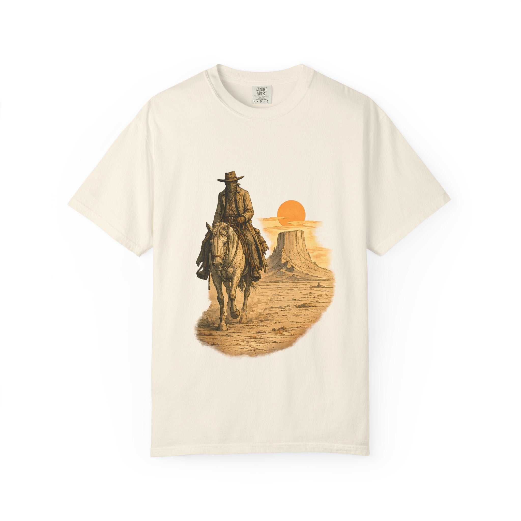 Western Sunset Cowboy T-Shirt — Rider Silhouette Desert Graphic