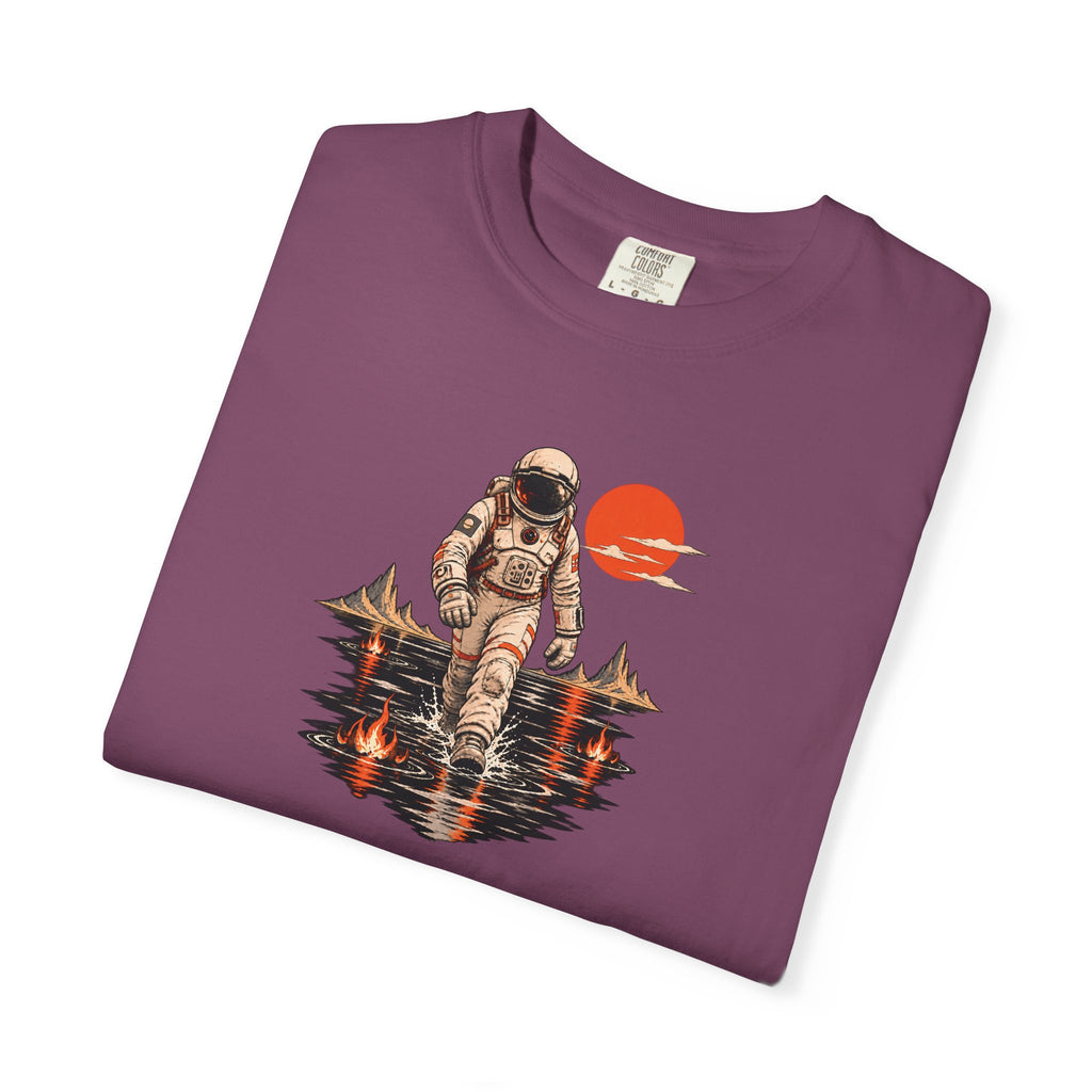 Astronaut Lake Scene T-Shirt — Retro Space Explorer Graphic Tee