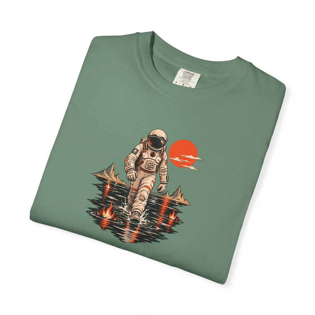 Astronaut Lake Scene T-Shirt — Retro Space Explorer Graphic Tee