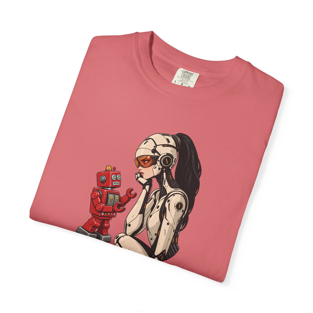 Graphic Tee — Retro Pinup Girl with Red Toy Robot Illustration