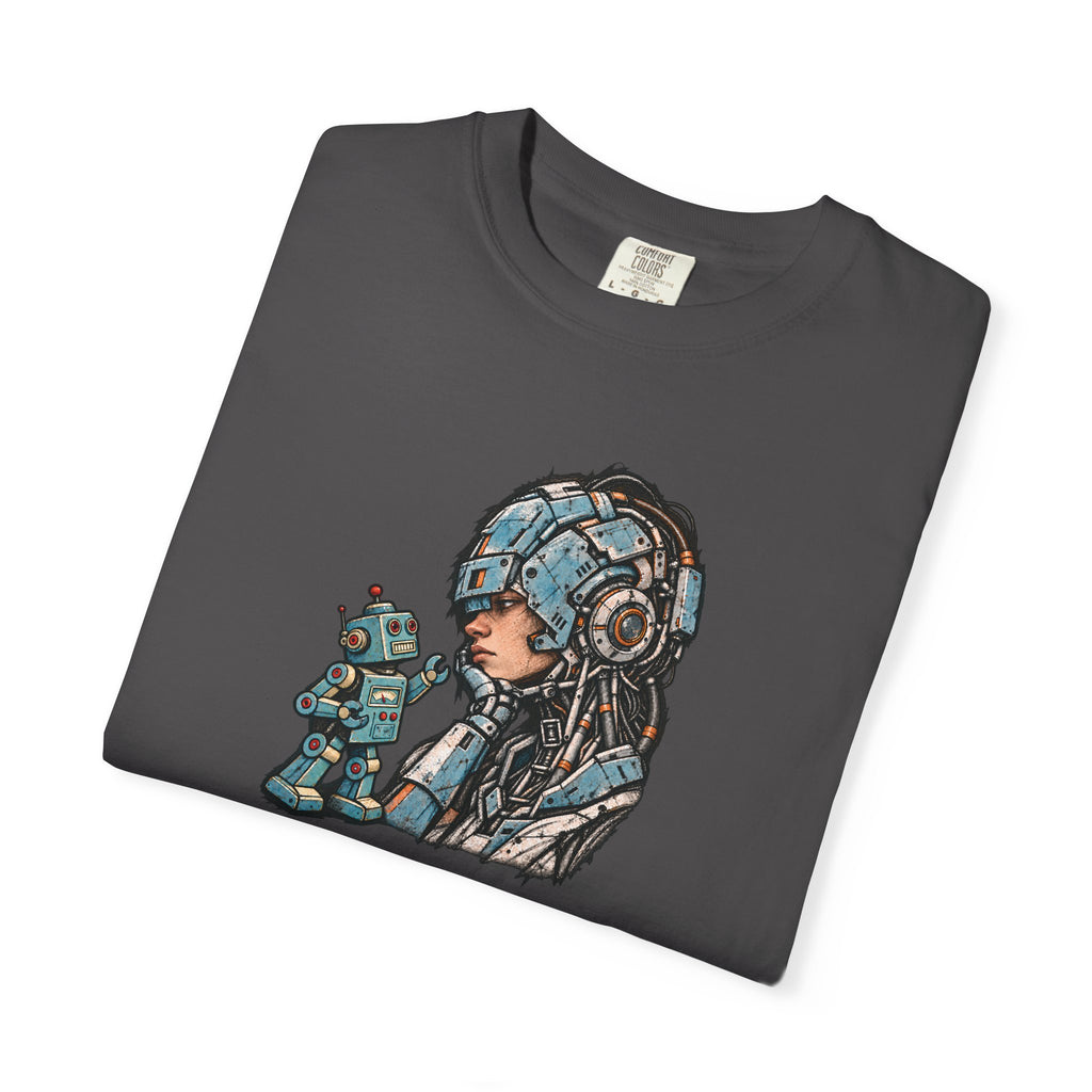 Cyberpunk Pilot T-Shirt — Futuristic Helmeted Girl with Robot Companion