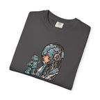 Cyberpunk Pilot T-Shirt — Futuristic Helmeted Girl with Robot Companion