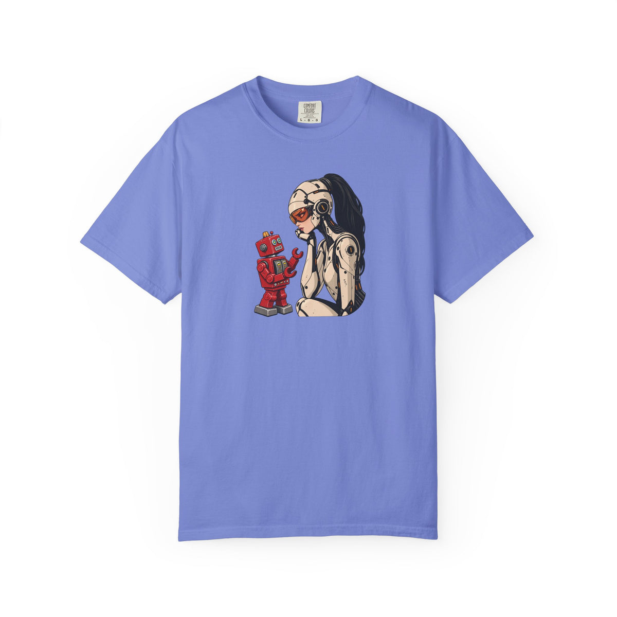 Graphic Tee — Retro Pinup Girl with Red Toy Robot Illustration