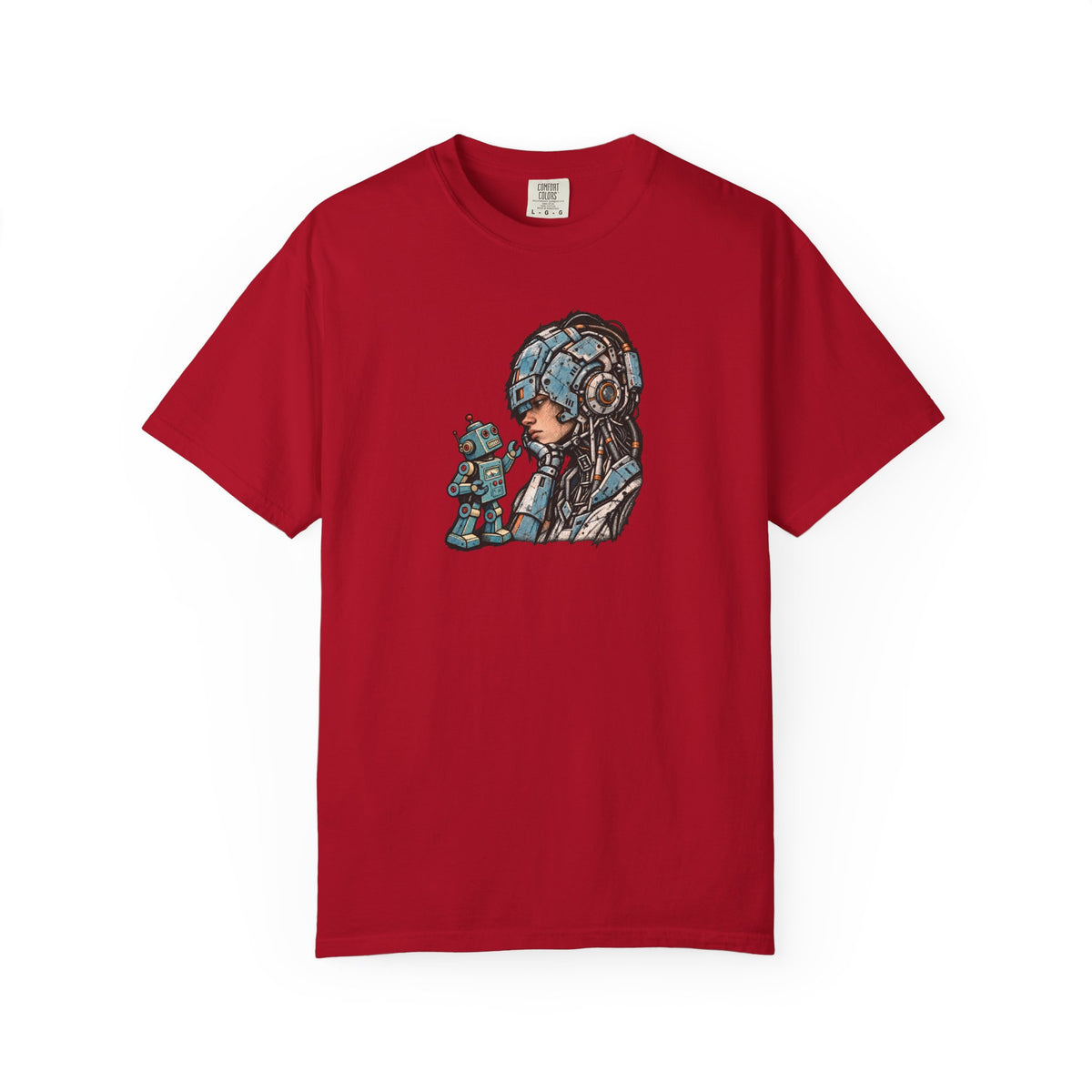 Cyberpunk Pilot T-Shirt — Futuristic Helmeted Girl with Robot Companion