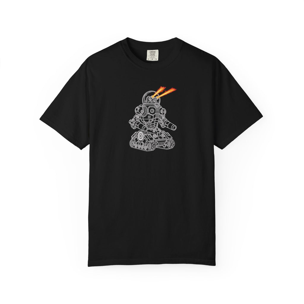 Robot Tank Graphic T-Shirt — Retro Mech Design with Laser Eyes