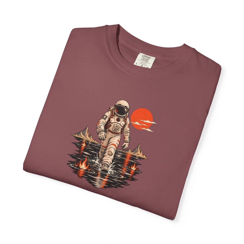 Astronaut Lake Scene T-Shirt — Retro Space Explorer Graphic Tee