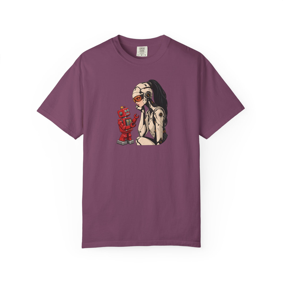 Graphic Tee — Retro Pinup Girl with Red Toy Robot Illustration