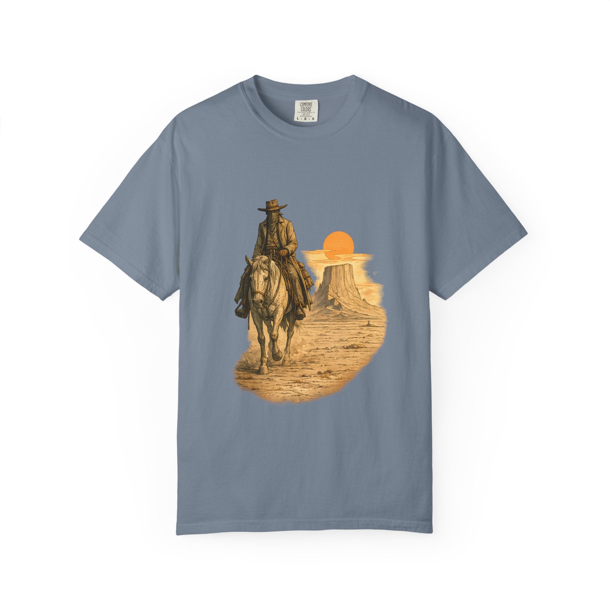 Western Sunset Cowboy T-Shirt — Rider Silhouette Desert Graphic