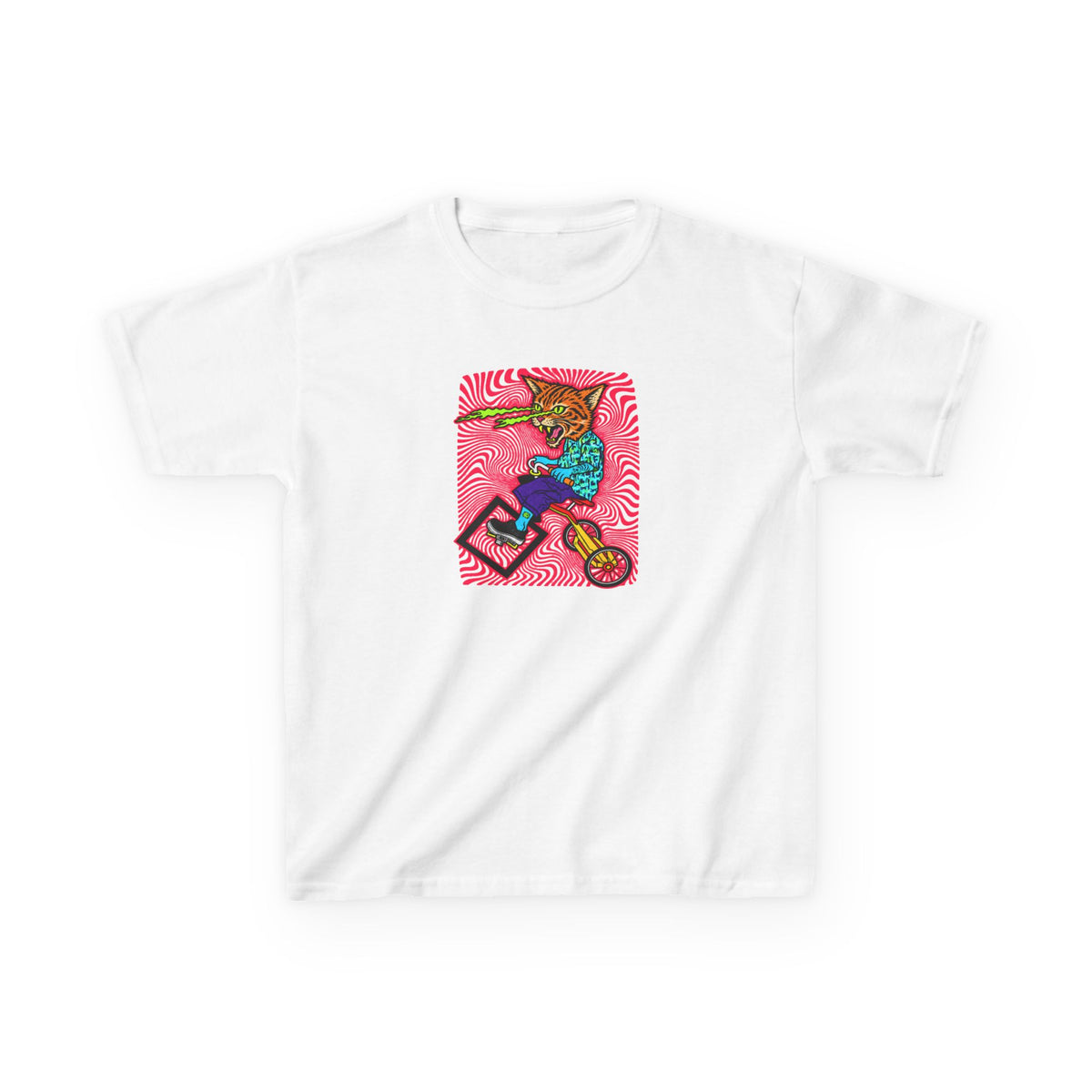 Kids Tee — Colorful Skate Cat Illustration (Youth Graphic T‑Shirt)