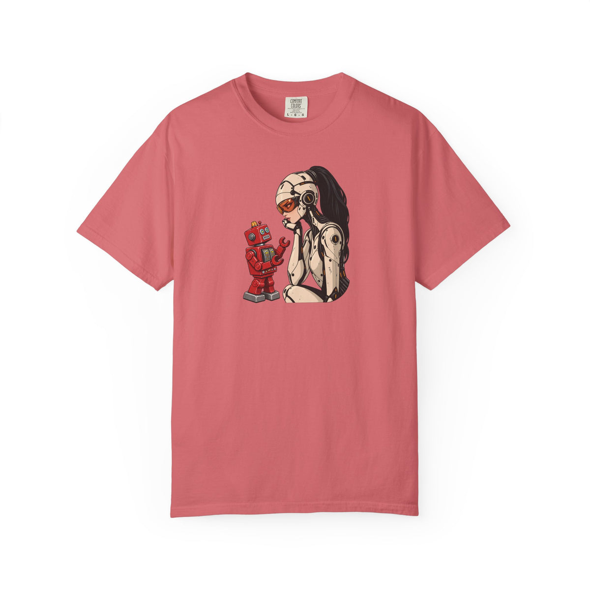 Graphic Tee — Retro Pinup Girl with Red Toy Robot Illustration