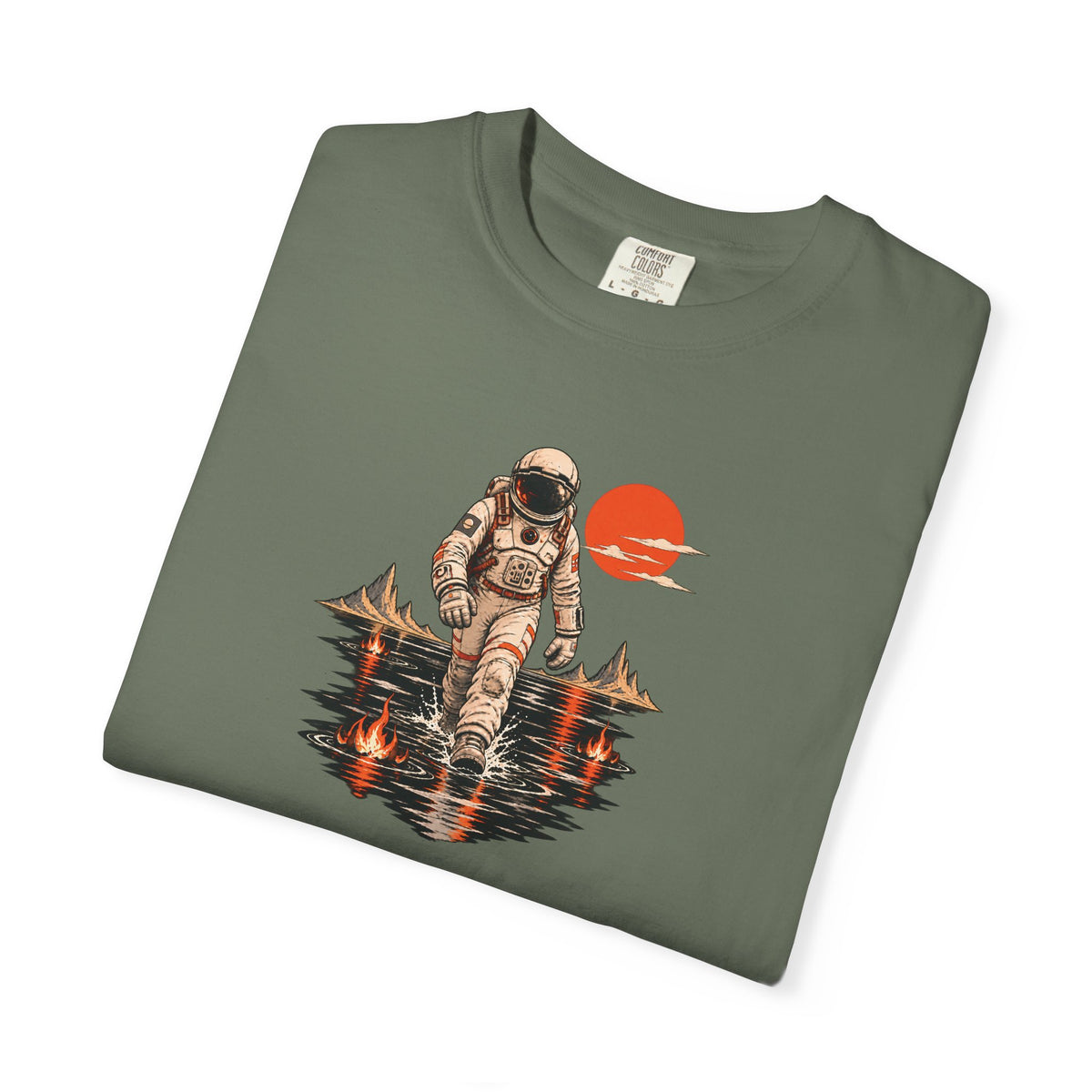 Astronaut Lake Scene T-Shirt — Retro Space Explorer Graphic Tee