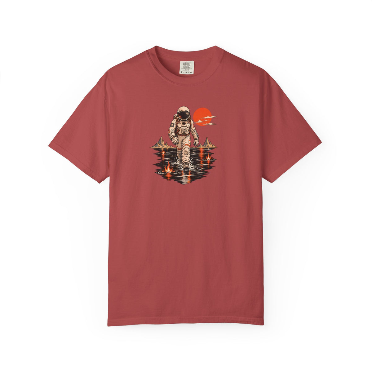 Astronaut Lake Scene T-Shirt — Retro Space Explorer Graphic Tee