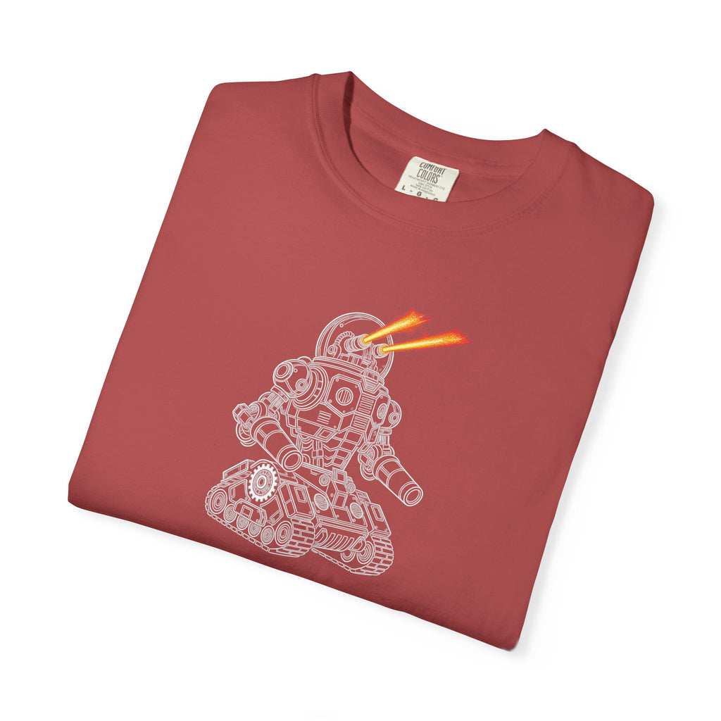 Robot Tank Graphic T-Shirt — Retro Mech Design with Laser Eyes