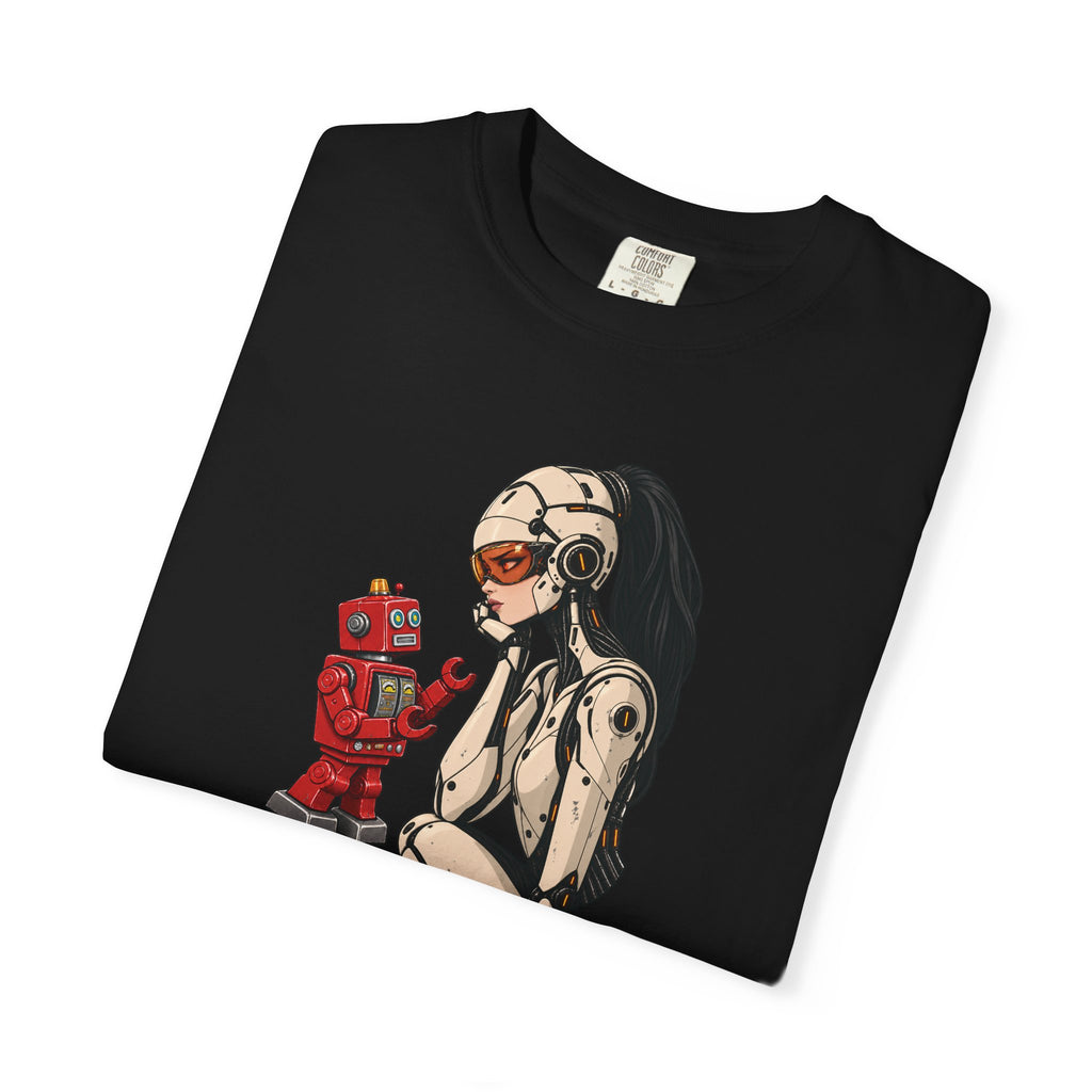 Graphic Tee — Retro Pinup Girl with Red Toy Robot Illustration