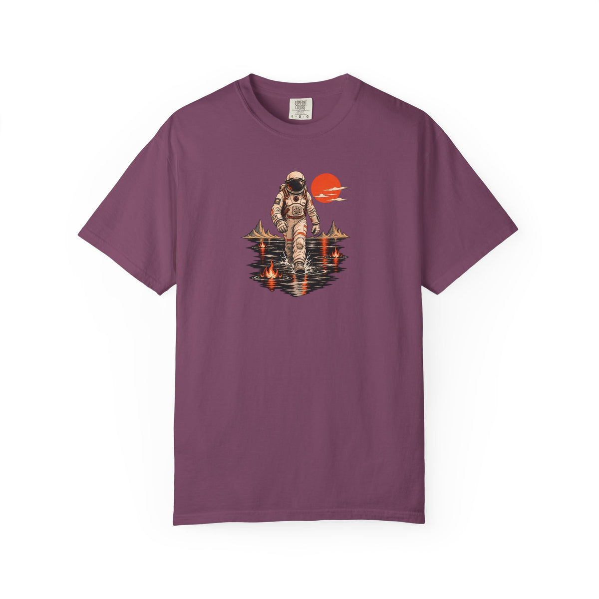Astronaut Lake Scene T-Shirt — Retro Space Explorer Graphic Tee