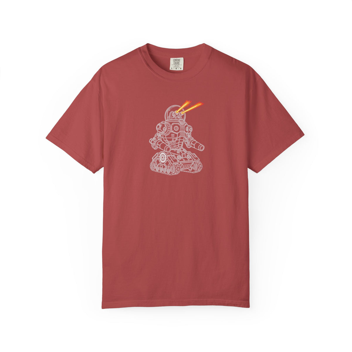 Robot Tank Graphic T-Shirt — Retro Mech Design with Laser Eyes