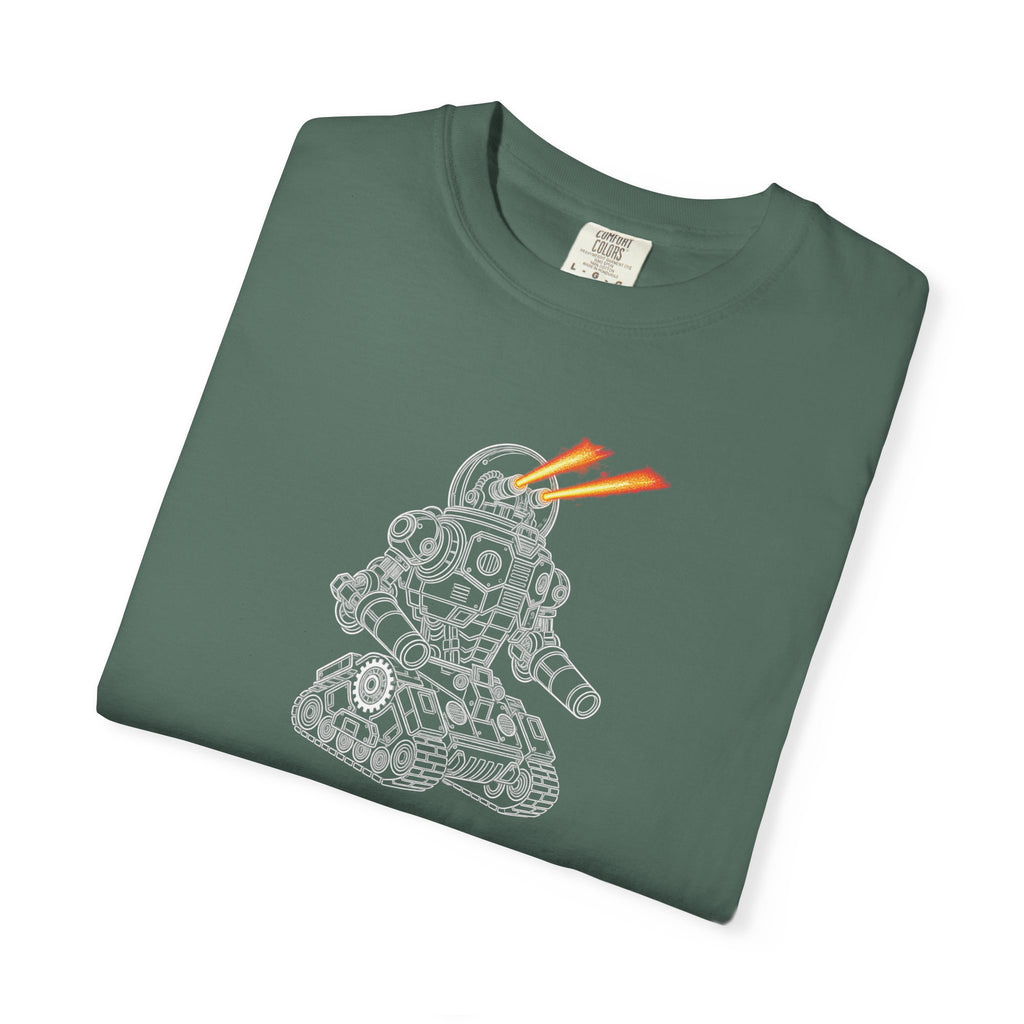 Robot Tank Graphic T-Shirt — Retro Mech Design with Laser Eyes