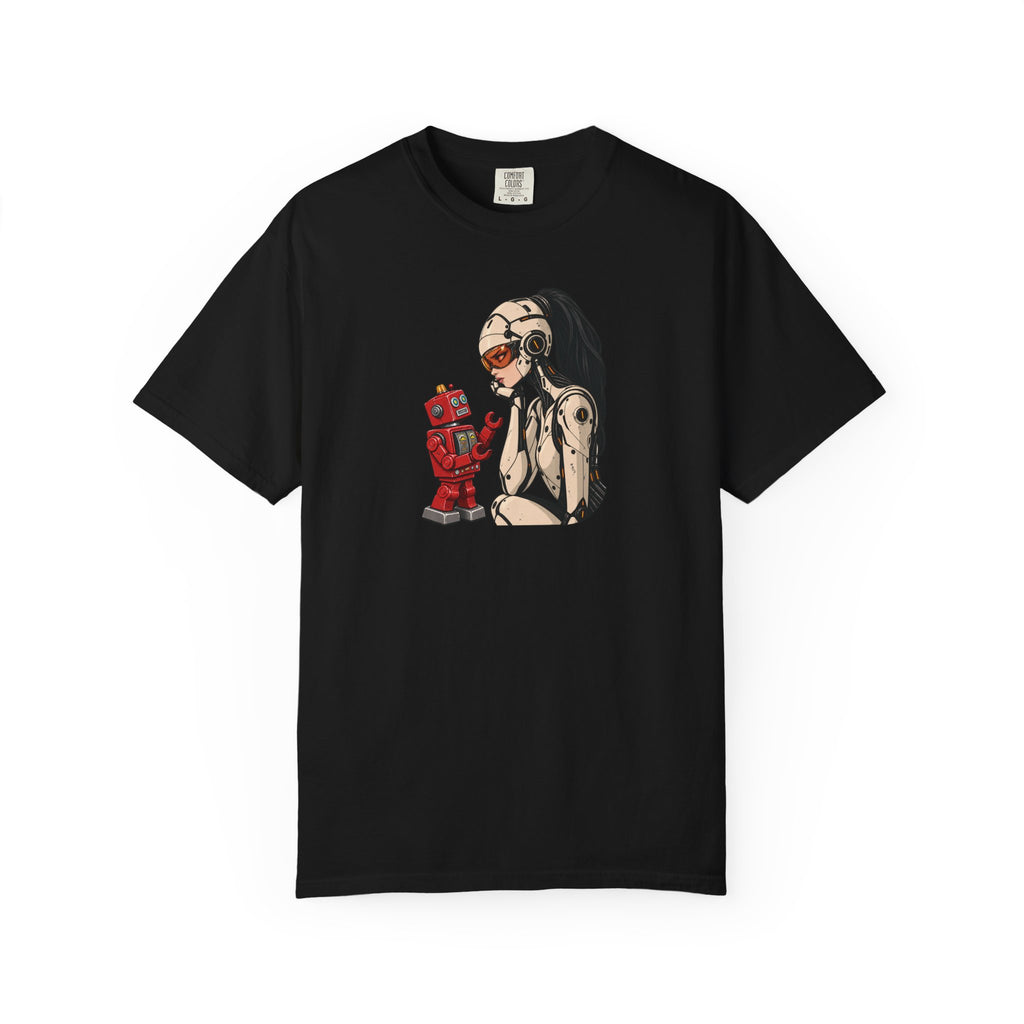 Graphic Tee — Retro Pinup Girl with Red Toy Robot Illustration