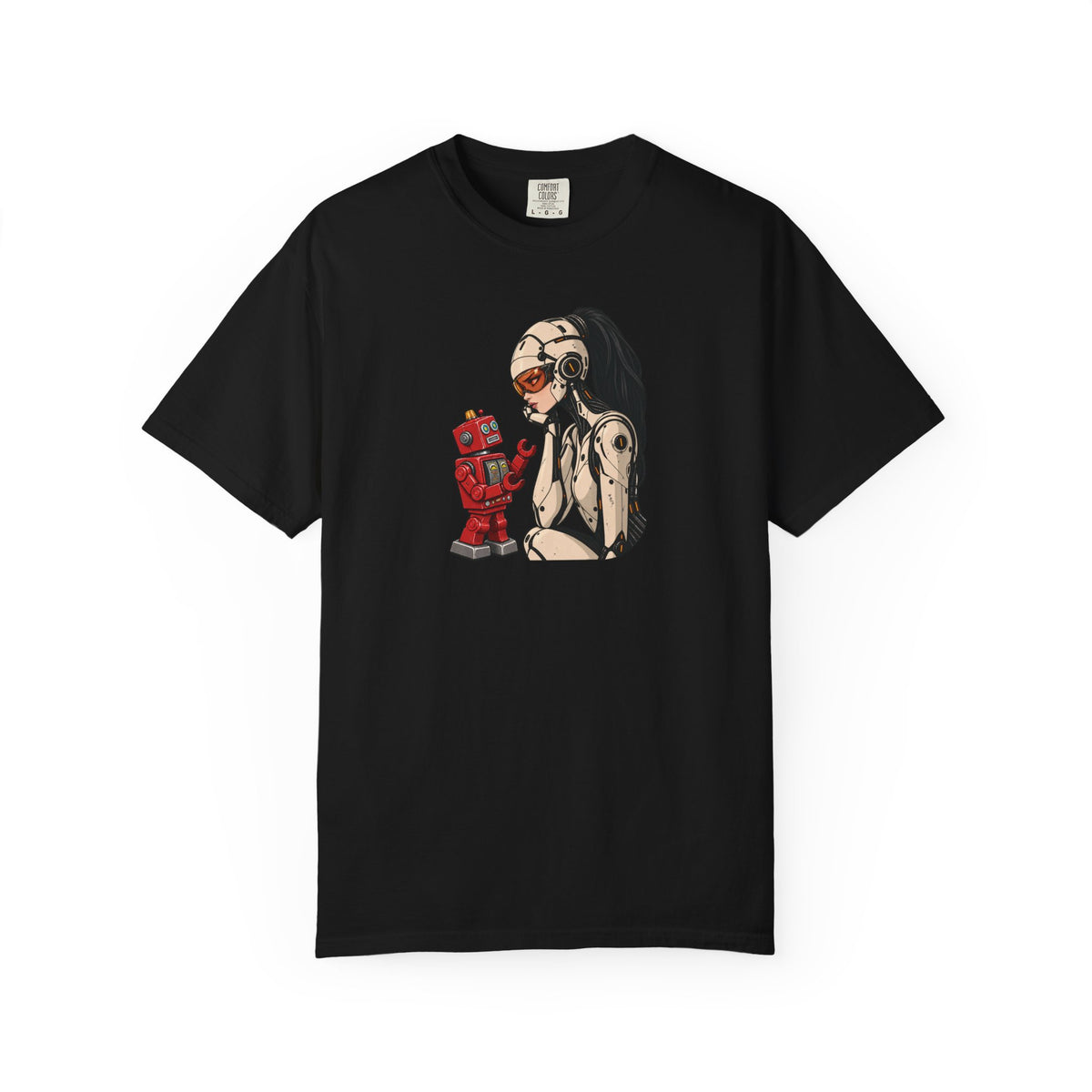 Graphic Tee — Retro Pinup Girl with Red Toy Robot Illustration
